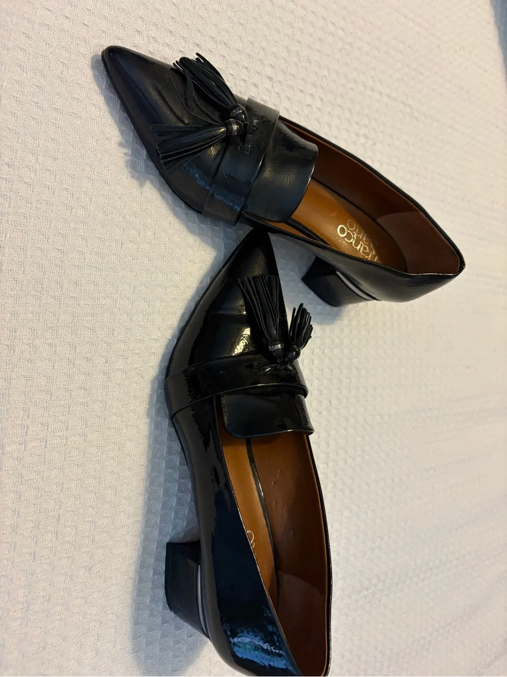 Franco Sarto Black Patent Pointed Tassel Loafers